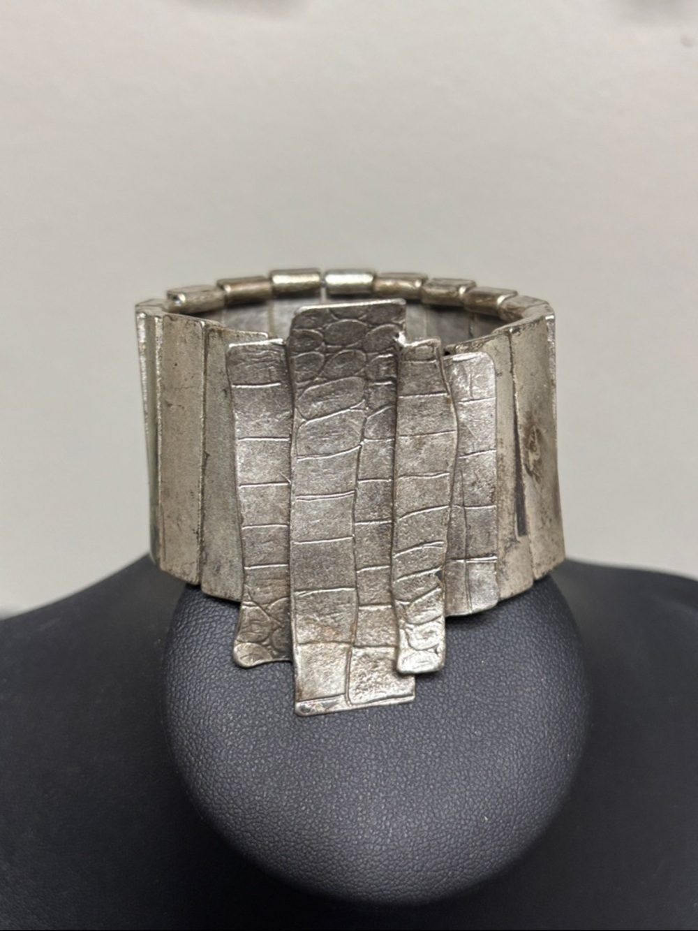 Handmade Brutalist Wide Snake Textured Silver Pewter Statement Cuff Bracelet